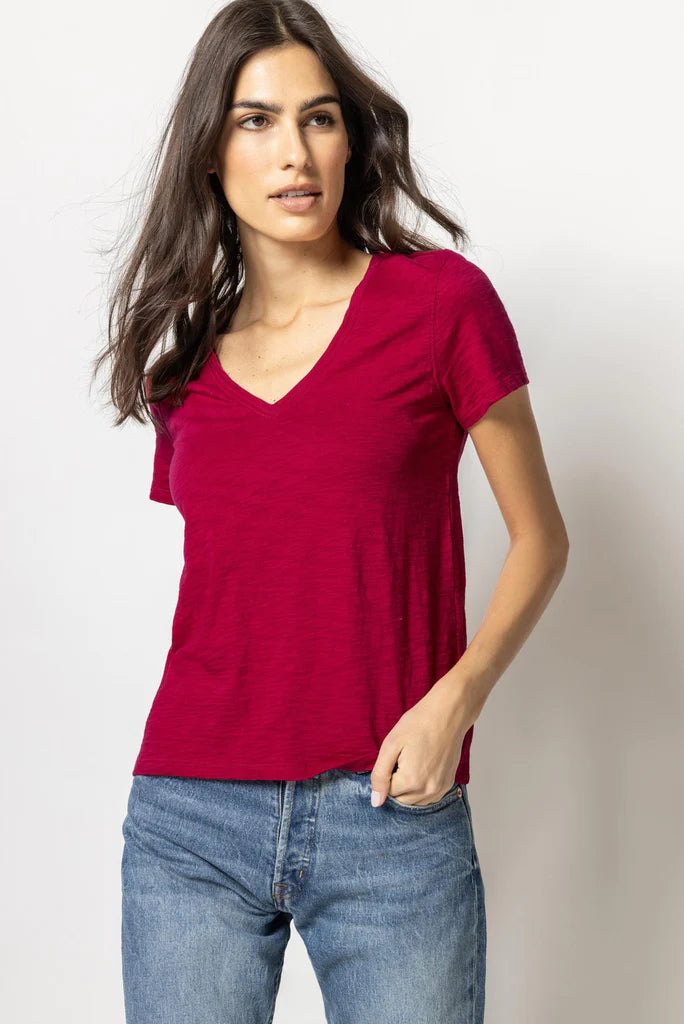 V Neck Short Sleeve Back Seam Tee