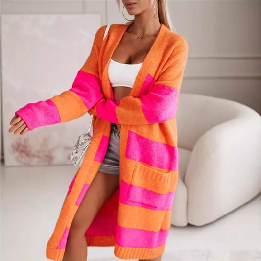 Color Block Long Knit Cardigan Sweater