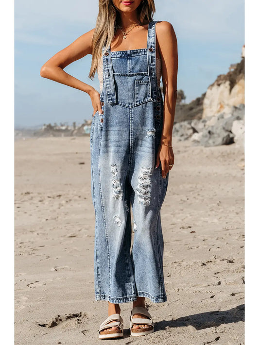Distressed Bib Pocket Wide Leg Denim Overall