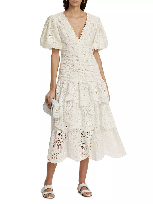 Eyelet V-Neck Puff Sleeve Eyelet Dress