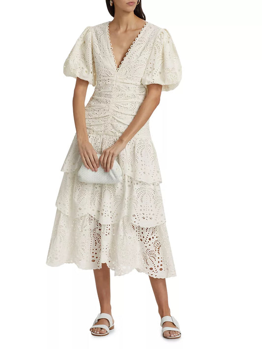 Eyelet V-Neck Puff Sleeve Eyelet Dress