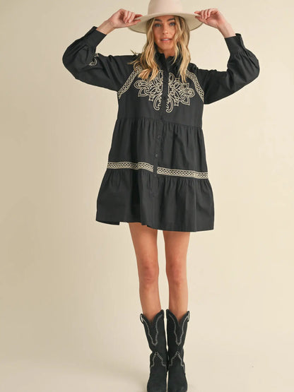 Embroidered Button Down Mini Ruffle Dress
