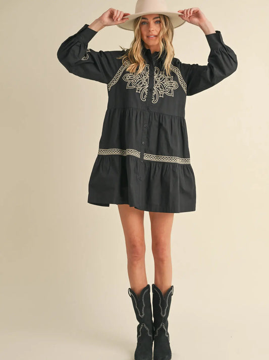 Embroidered Button Down Mini Ruffle Dress