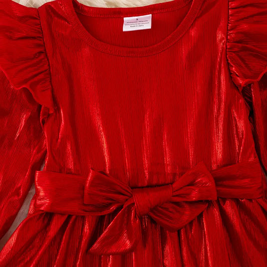 Kids Shimmery Red Angel Sleeve Dress