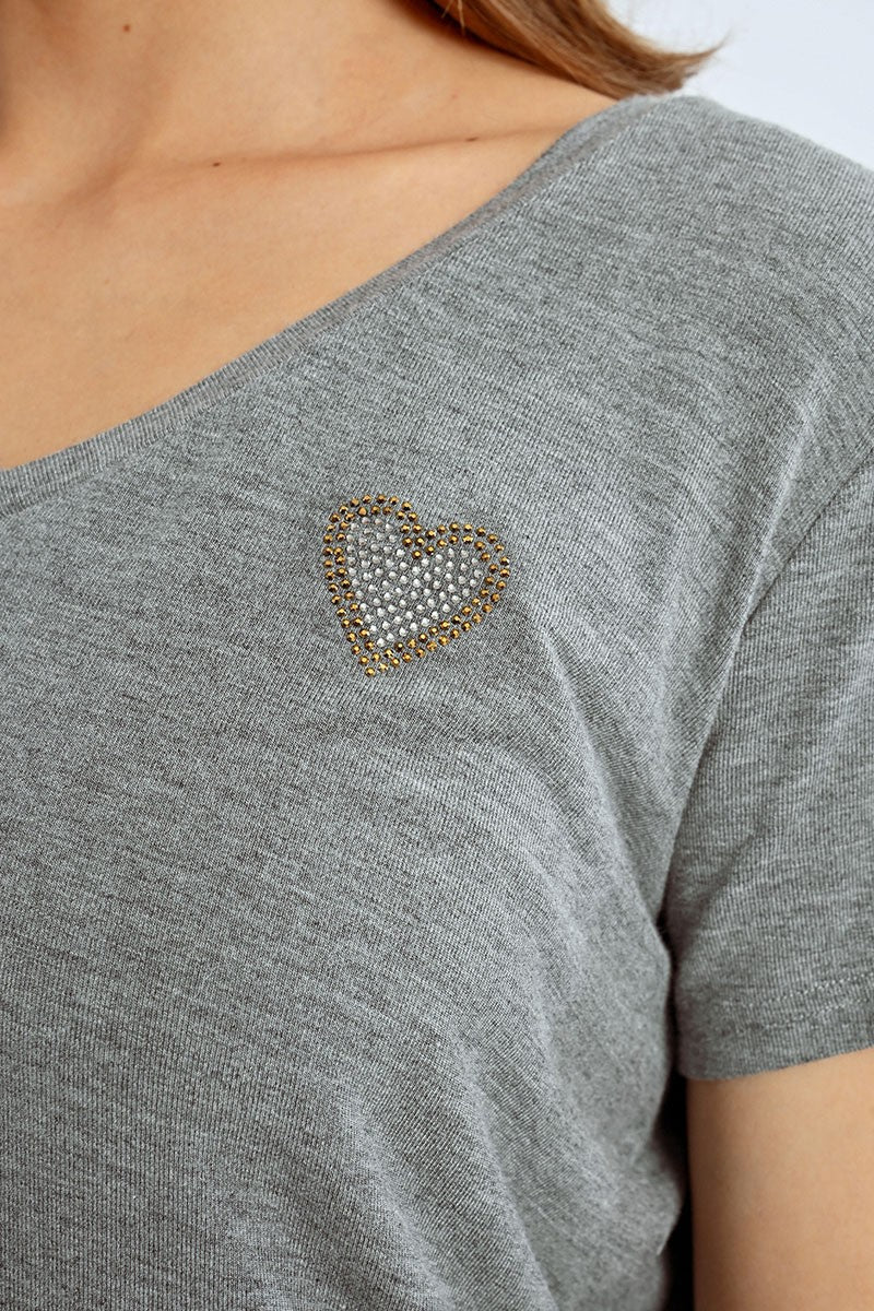 Heart T-Shirt in Grey V with Rhinestones or Black Crew with Pearls