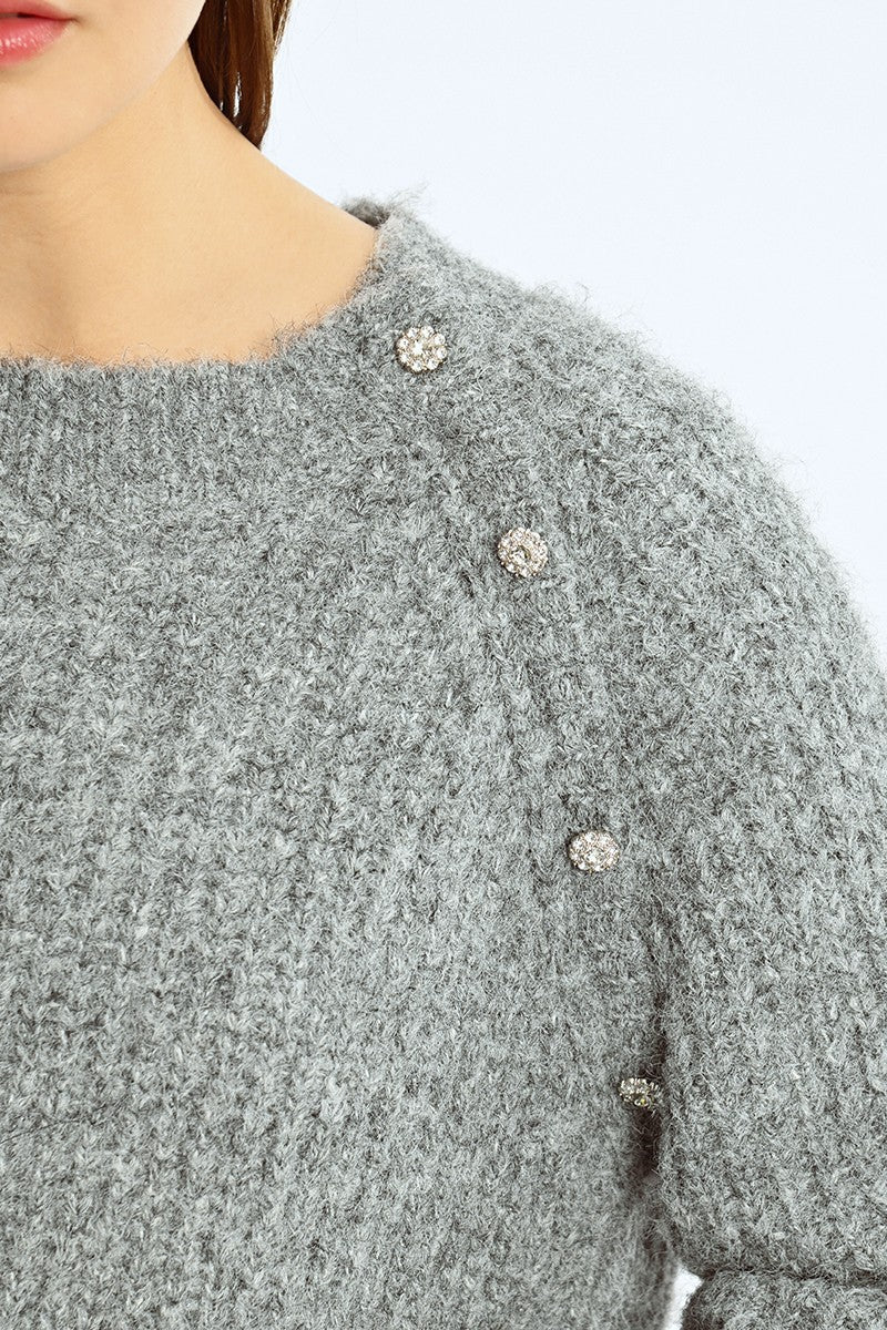 Soft Knit Raglan Sweater with Rhinestone detail