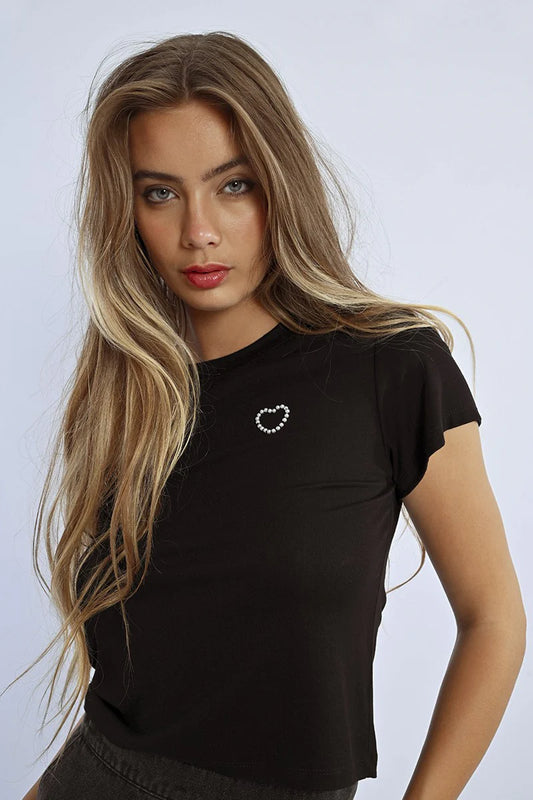 Heart T-Shirt in Grey V with Rhinestones or Black Crew with Pearls