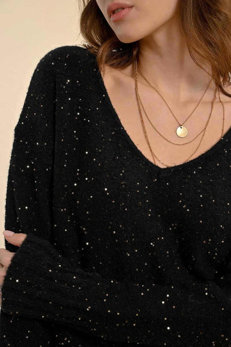 Black Knit with Gold Sequins Sweater