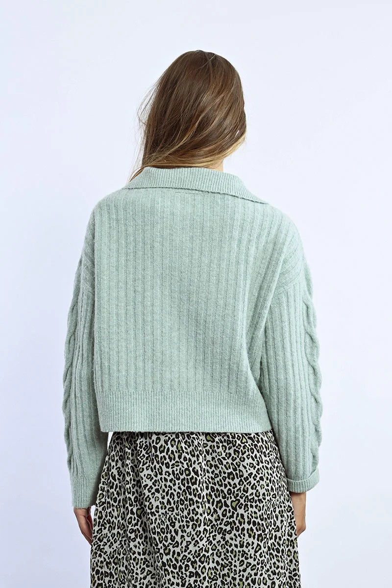 Trucker Collar Cropped Sweater in Mint or Off-White