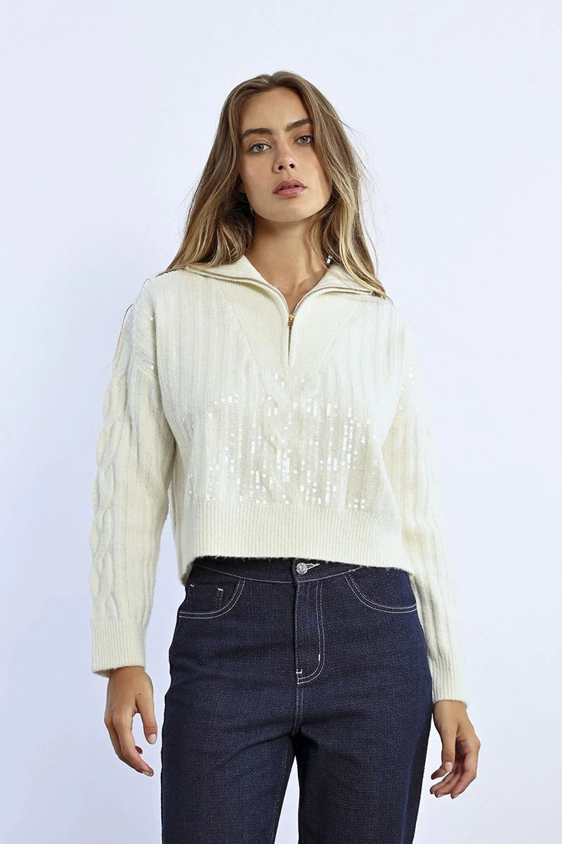 Trucker Collar Cropped Sweater in Mint or Off-White