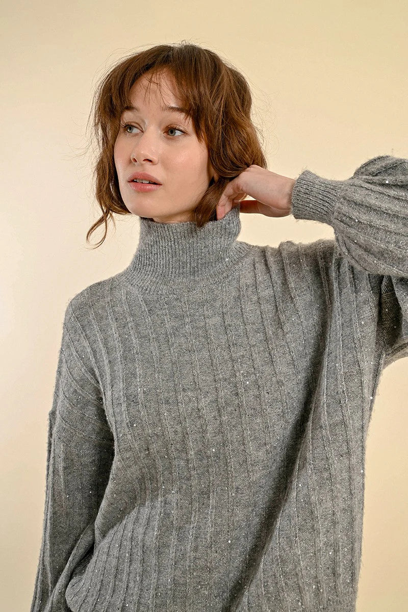 Sweater with High Collar & Puffed Sleeves