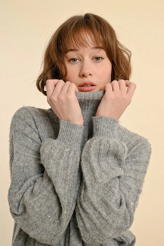 Sweater with High Collar & Puffed Sleeves