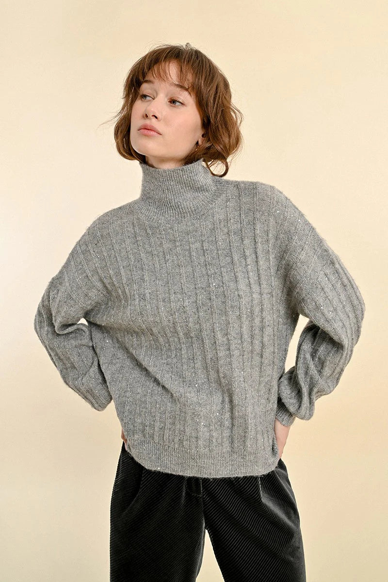 Sweater with High Collar & Puffed Sleeves