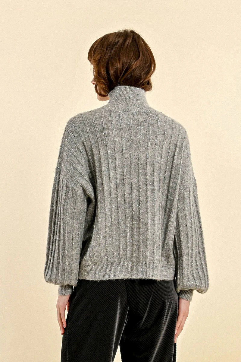 Sweater with High Collar & Puffed Sleeves