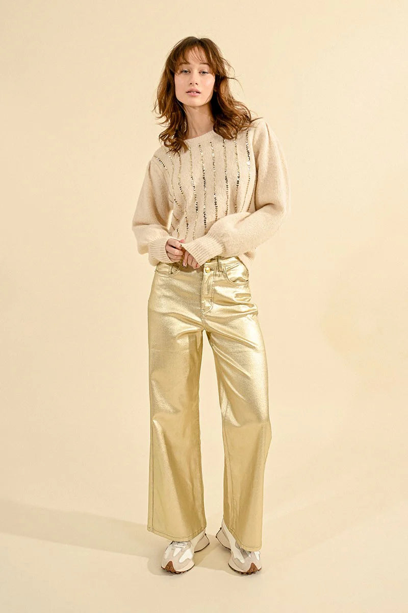 Coated Gold Pants, Wide with High Waist