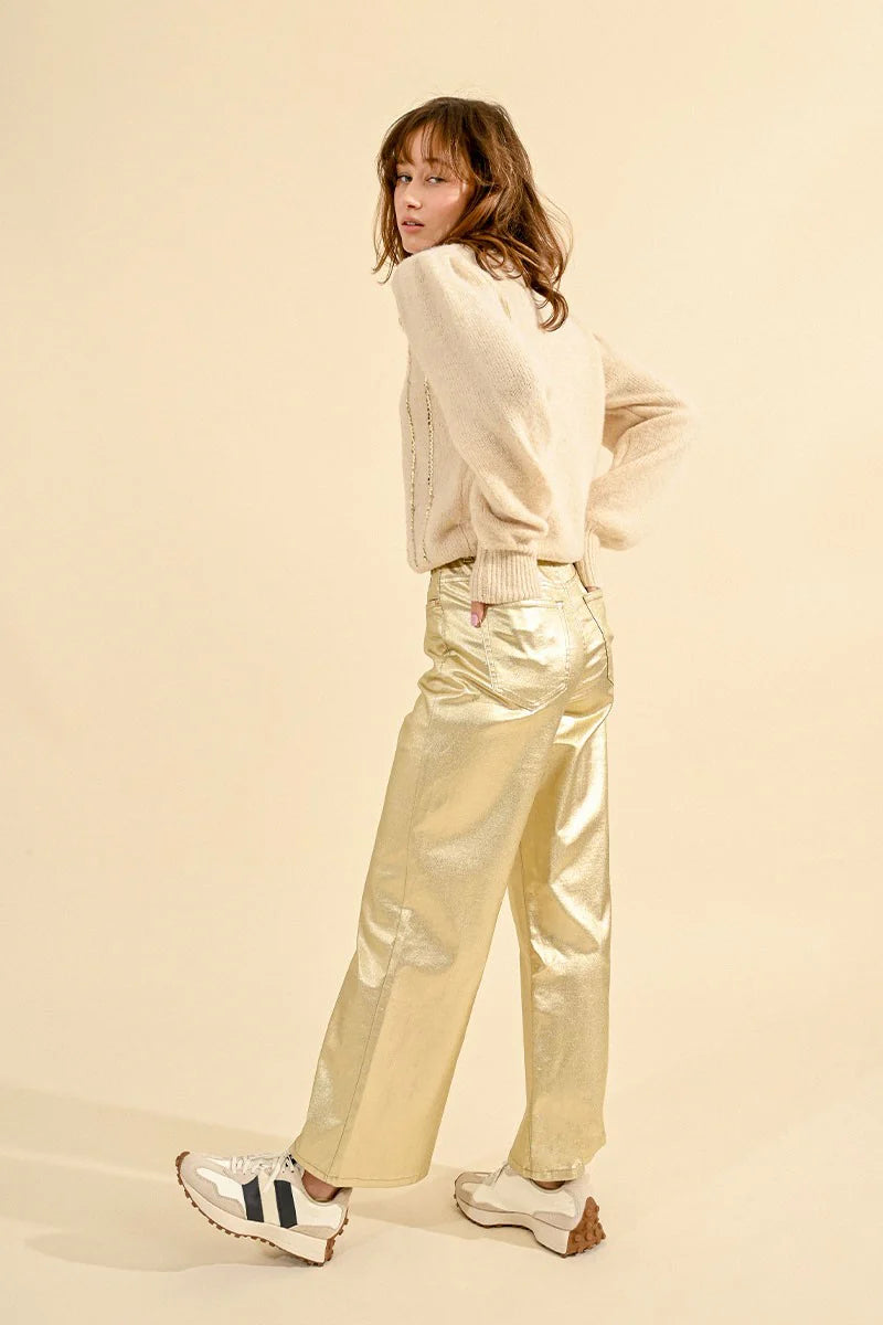 Coated Gold Pants, Wide with High Waist