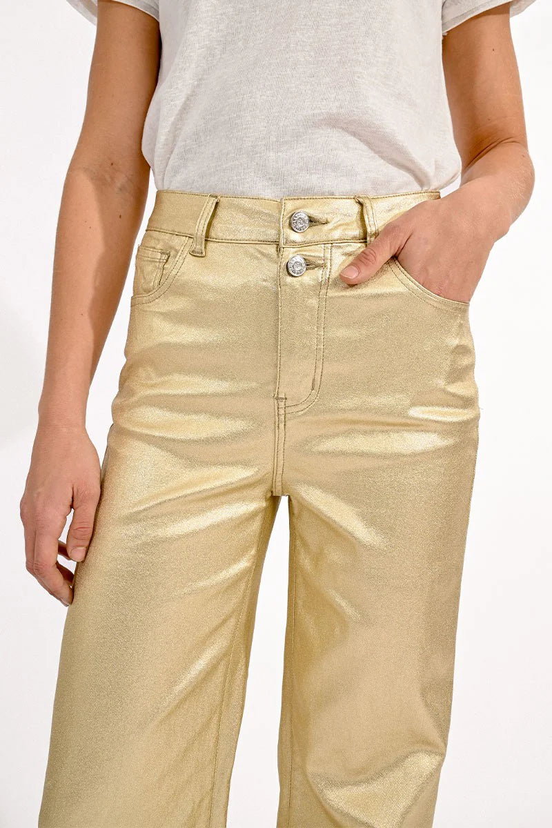 Coated Gold Pants, Wide with High Waist