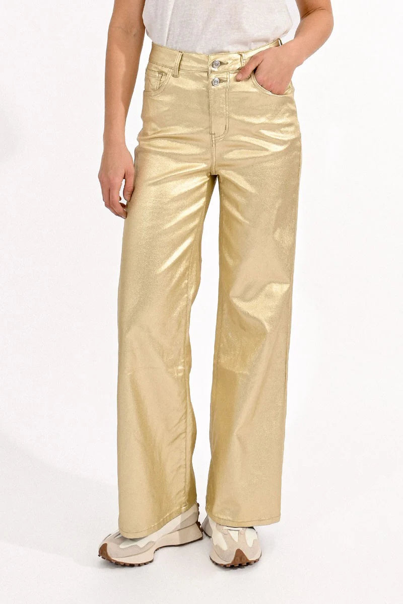 Coated Gold Pants, Wide with High Waist