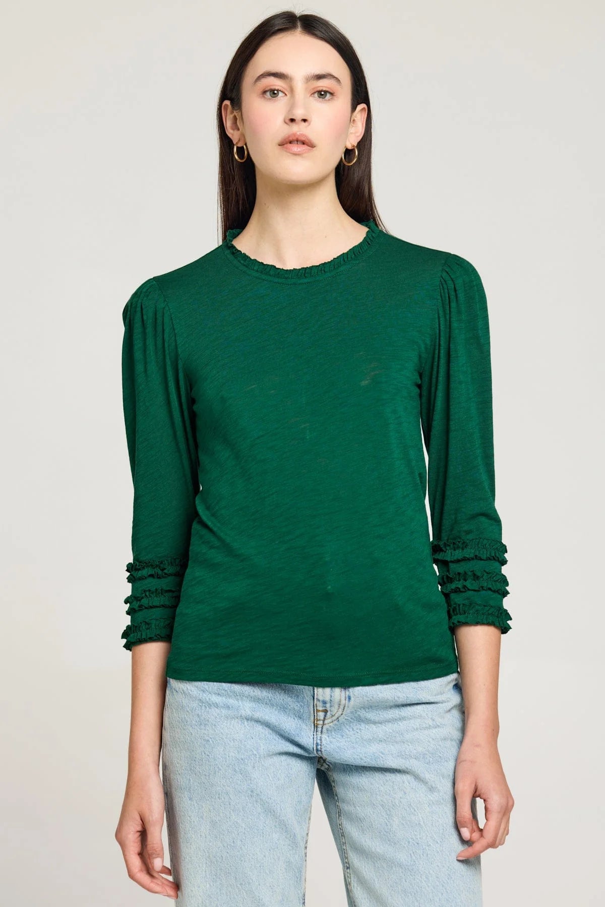 3/4 Sleeve Audrey Ruffle Top in Black, White or Green