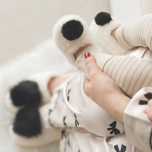 Plush Slippers - Ivory/Black