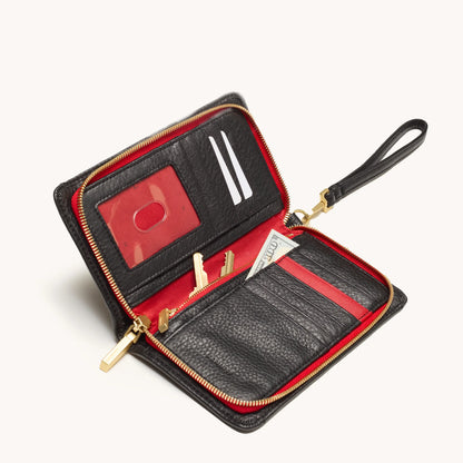 HAMMITT Bryant Wallet Black Brushed Gold Hardware/ Red Zip