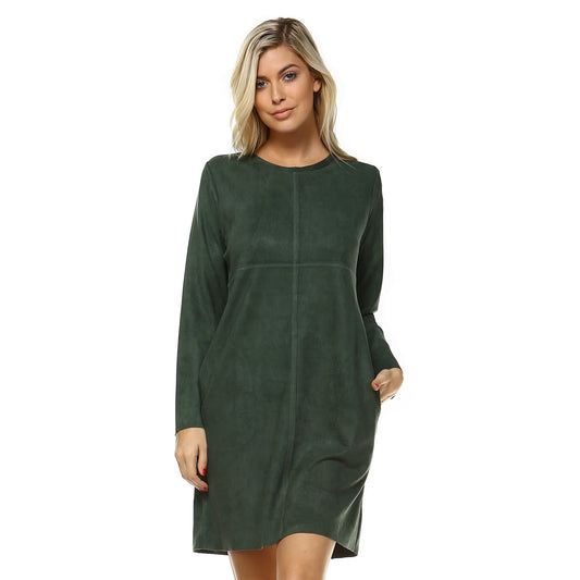 Aurora Round Neck Suedette Dress with Pockets