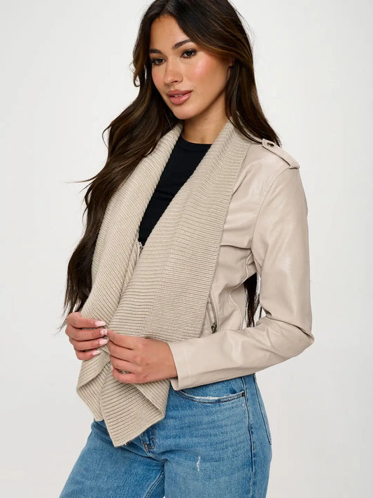 Vegan Leather Jacket w/ Knit Collar detail