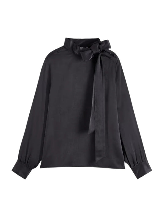 Black Satin Blouse with Bow