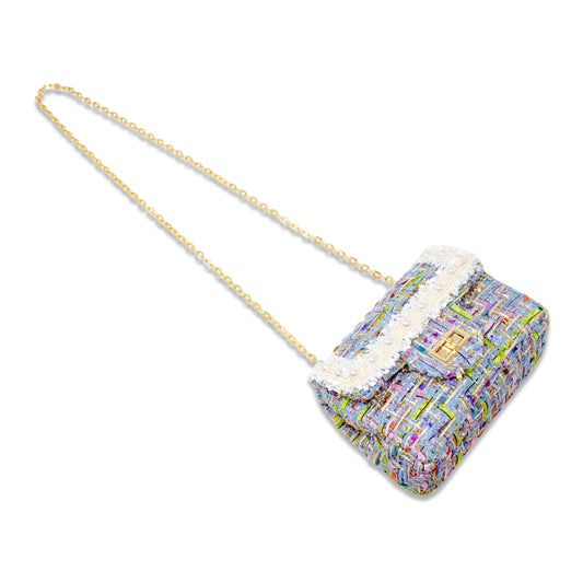 Classic Blue Tweed Bag with Pearls for Kids