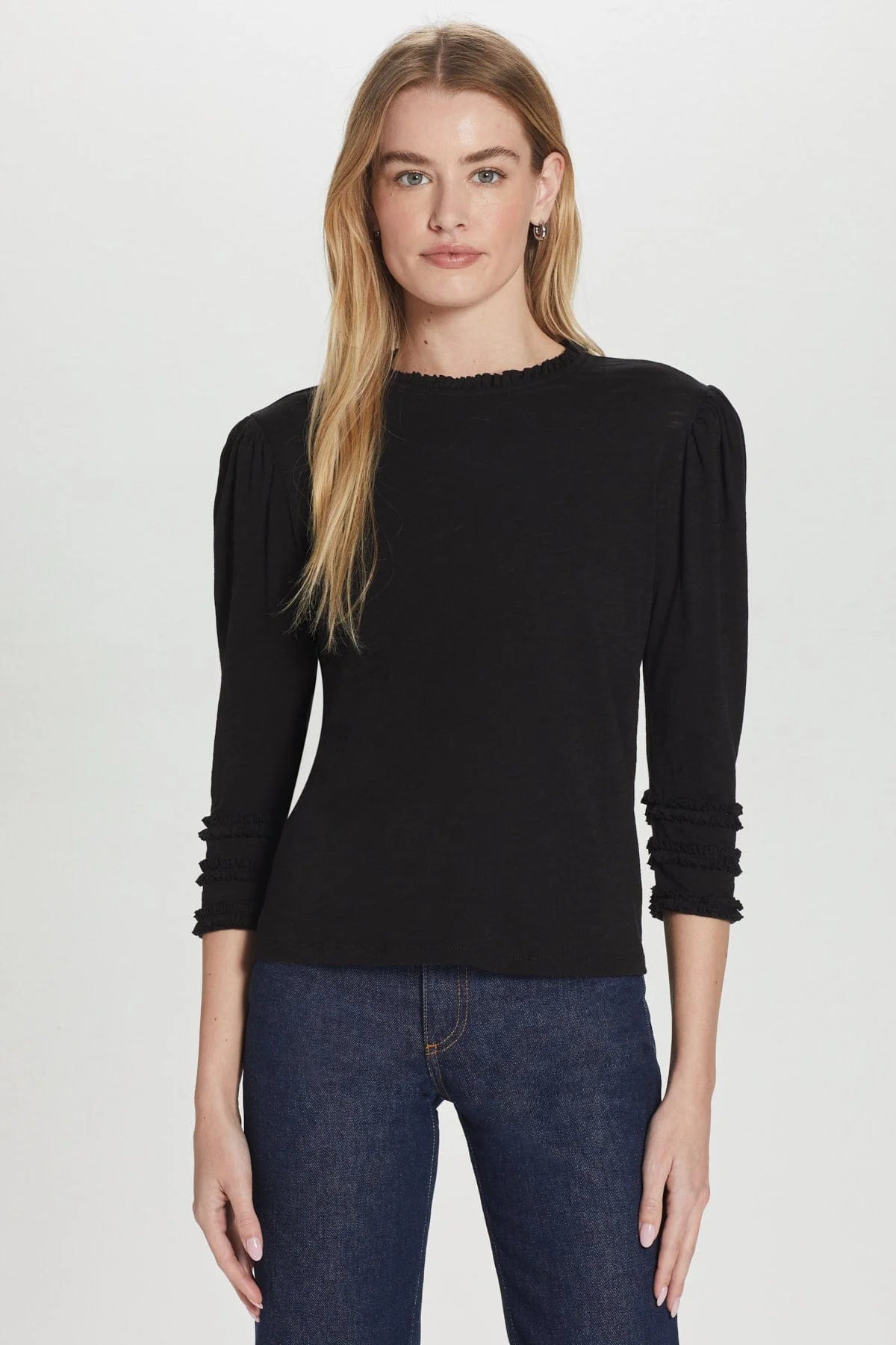 3/4 Sleeve Audrey Ruffle Top in Black, White or Green