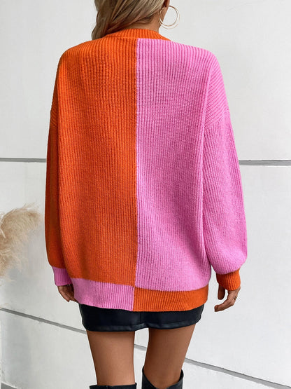 Pink & Orange Color Block Cardigan