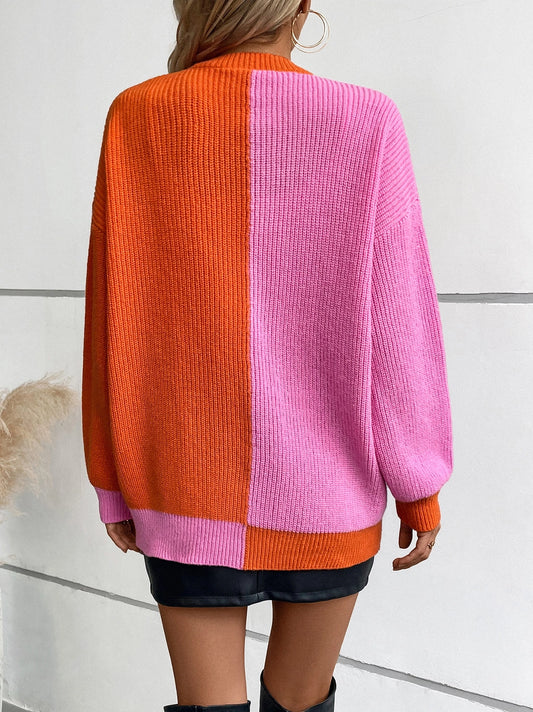 Pink & Orange Color Block Cardigan