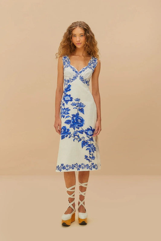 Off-White Floral Cascade Wavy Midi Dress