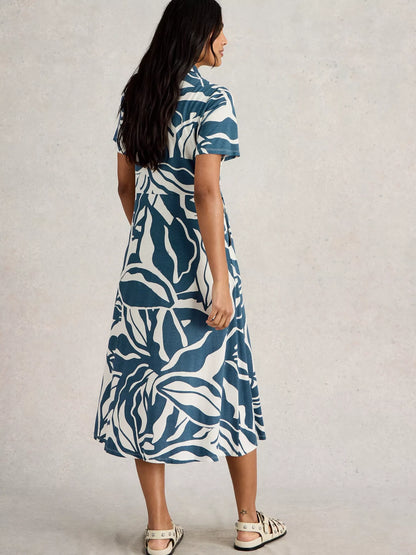 Rua Jersey Shirt Dress Midi in Navy Print