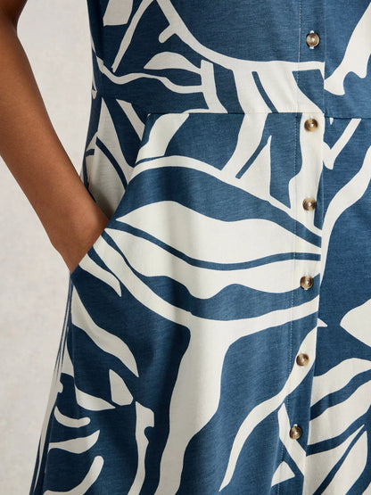 Rua Jersey Shirt Dress Midi in Navy Print
