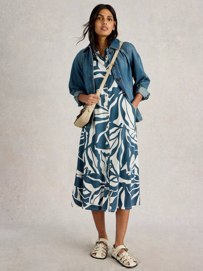 Rua Jersey Shirt Dress Midi in Navy Print