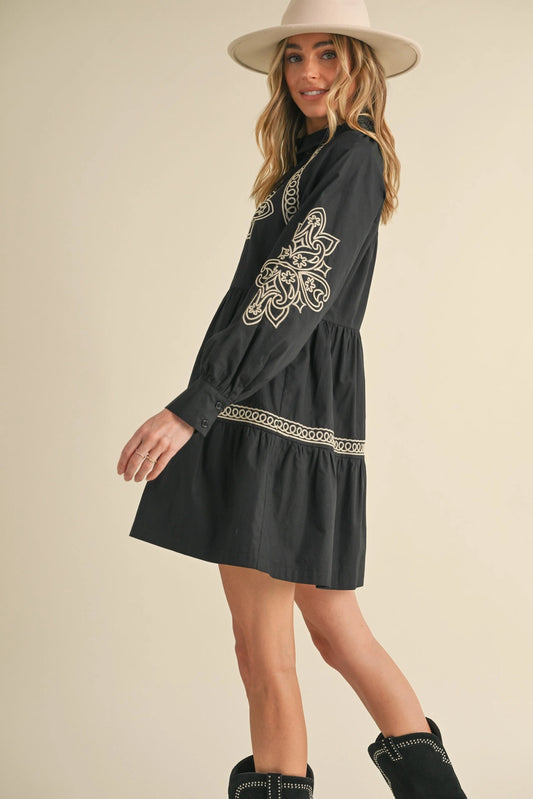 Embroidered Button Down Mini Ruffle Dress