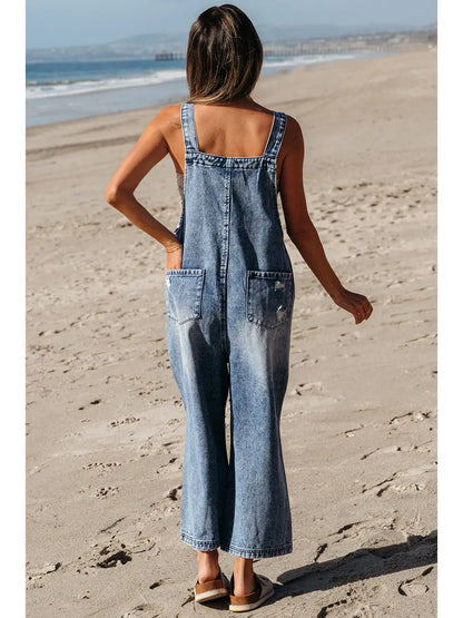 Distressed Bib Pocket Wide Leg Denim Overall