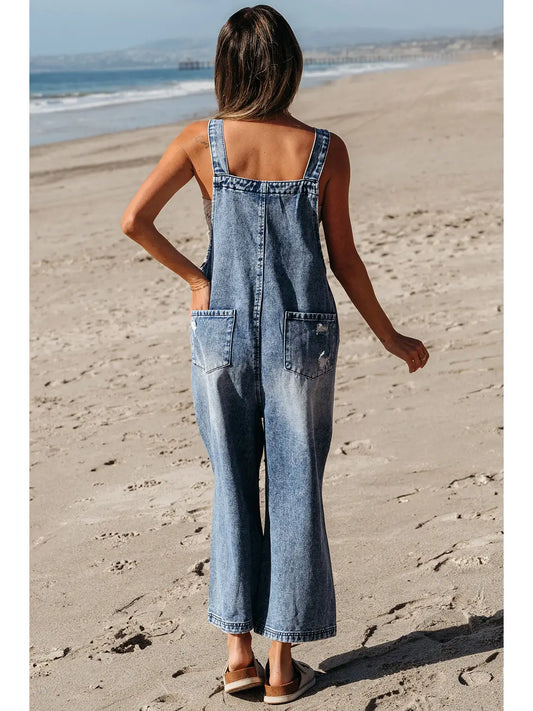 Distressed Bib Pocket Wide Leg Denim Overall