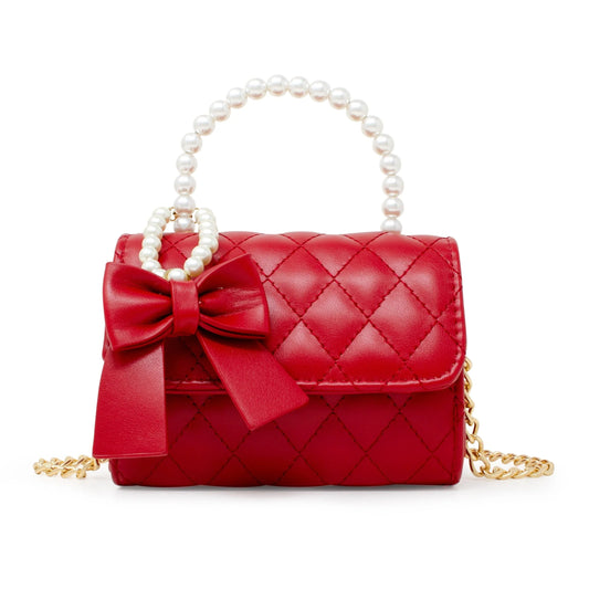 Quilted Pearl Handle Bow Ribbon Bag in Red for Kids