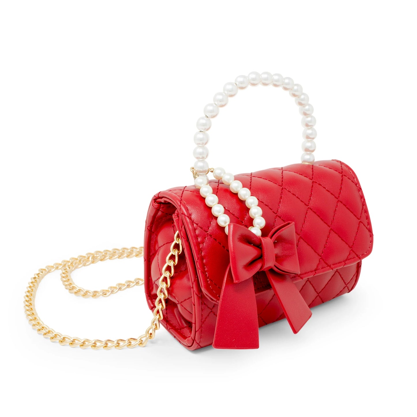 Quilted Pearl Handle Bow Ribbon Bag in Red for Kids