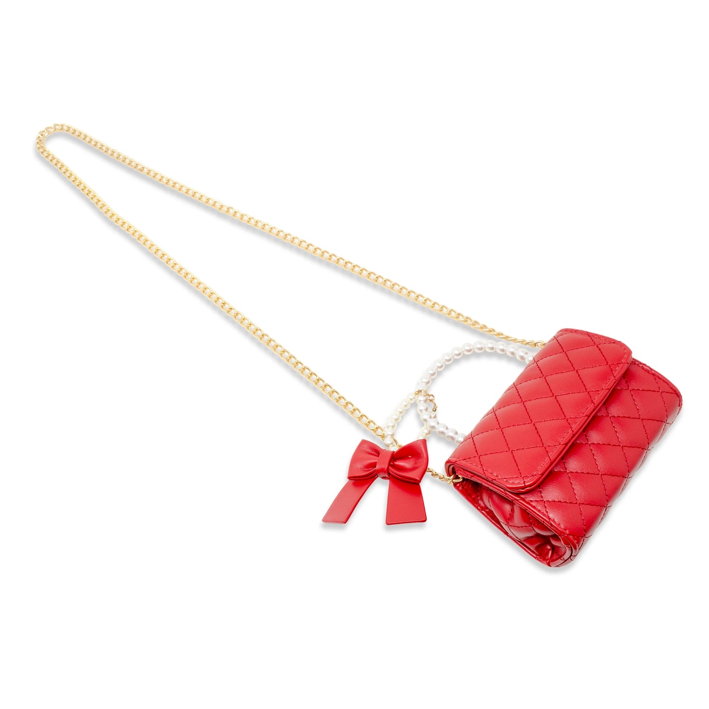 Quilted Pearl Handle Bow Ribbon Bag in Red for Kids