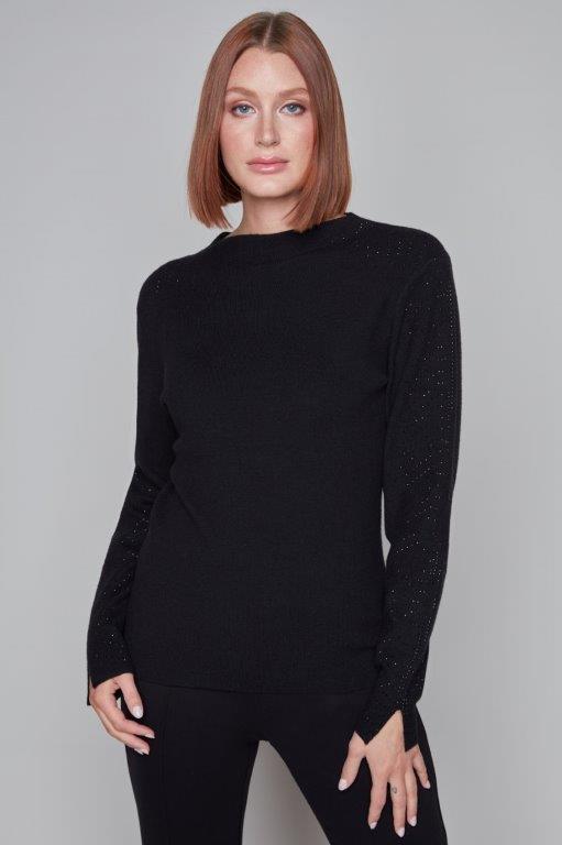 Pullover Rhinestone Detail Sweater in Black