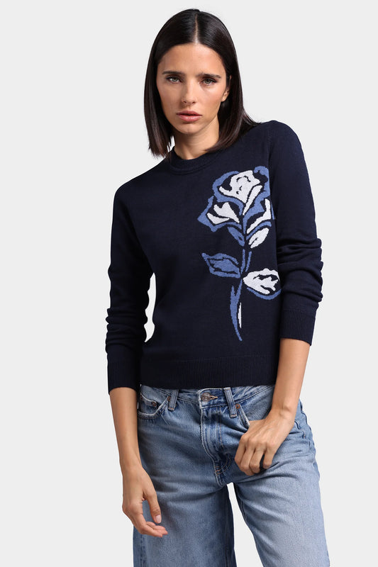 Cashmere Rose Intarsia Crew Neck Sweater