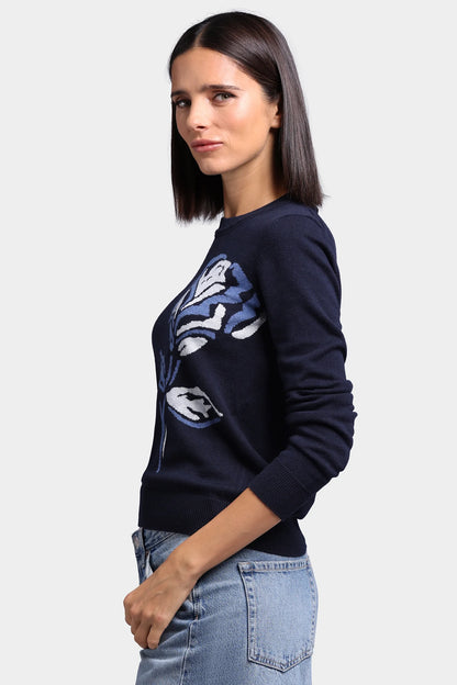 Cashmere Rose Intarsia Crew Neck Sweater