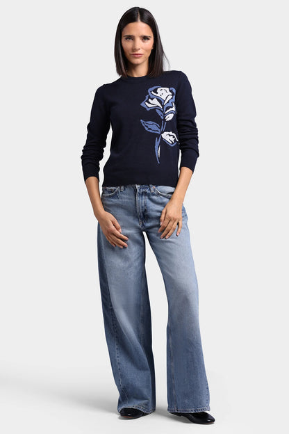 Cashmere Rose Intarsia Crew Neck Sweater