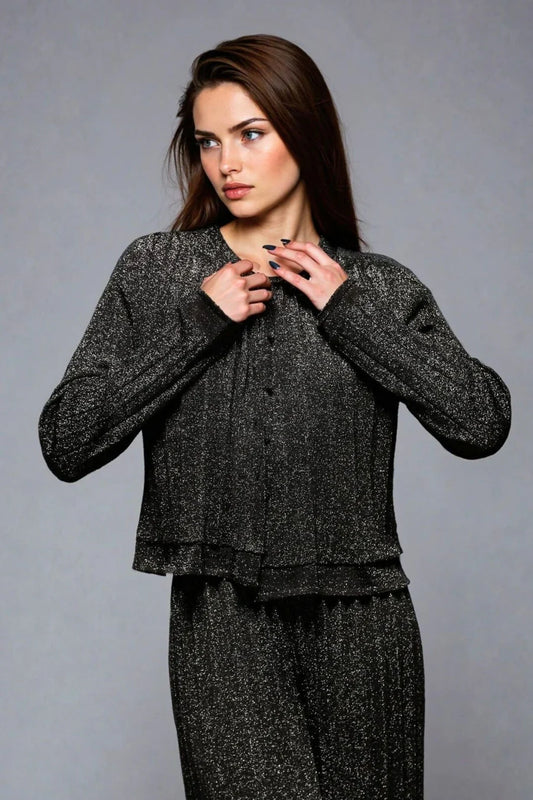 Lurex Long Sleeve Pleated Cardigan