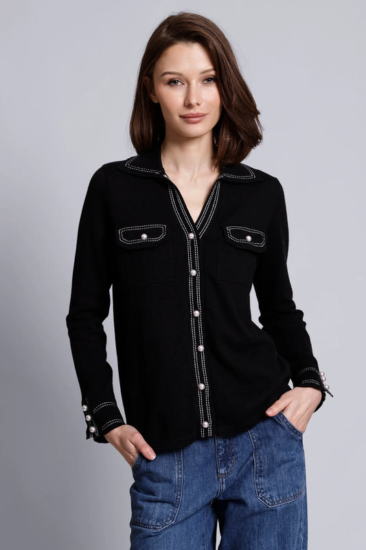 Cotton Cashmere Pearl Button Shirt with Stitching