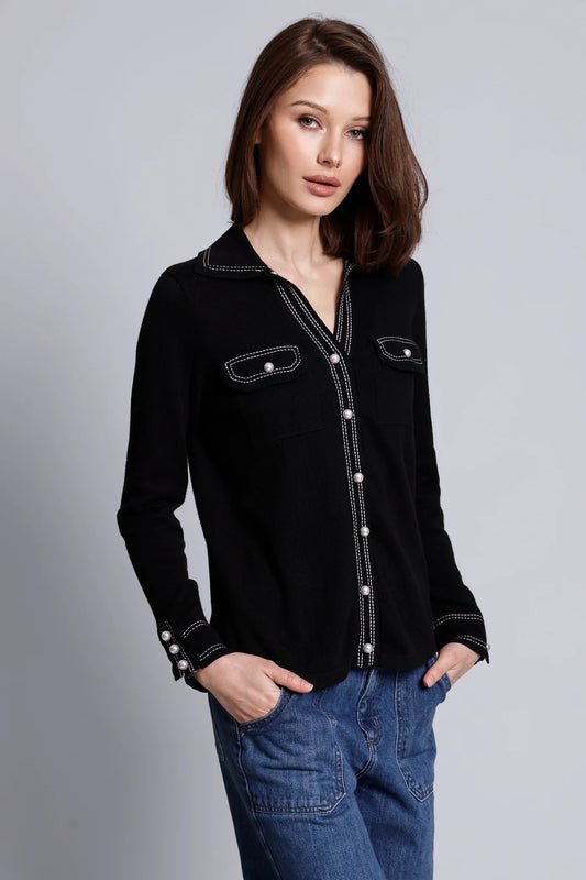 Cotton Cashmere Pearl Button Shirt with Stitching