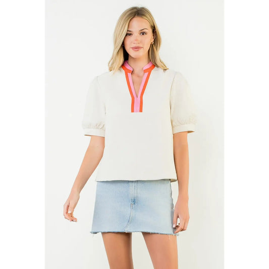 Puff Sleeve Textured V-Neck Top